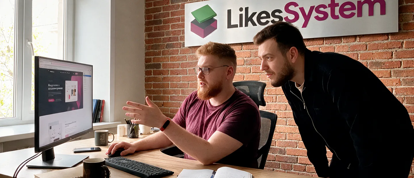 Двое сотрудников студии за рабочим столом, на стене вывеска LikesSystem