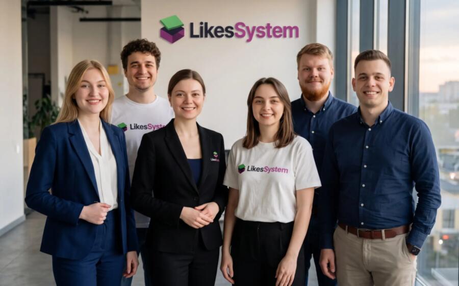 Команда LikesSystem в офисе, на стене логотип студии